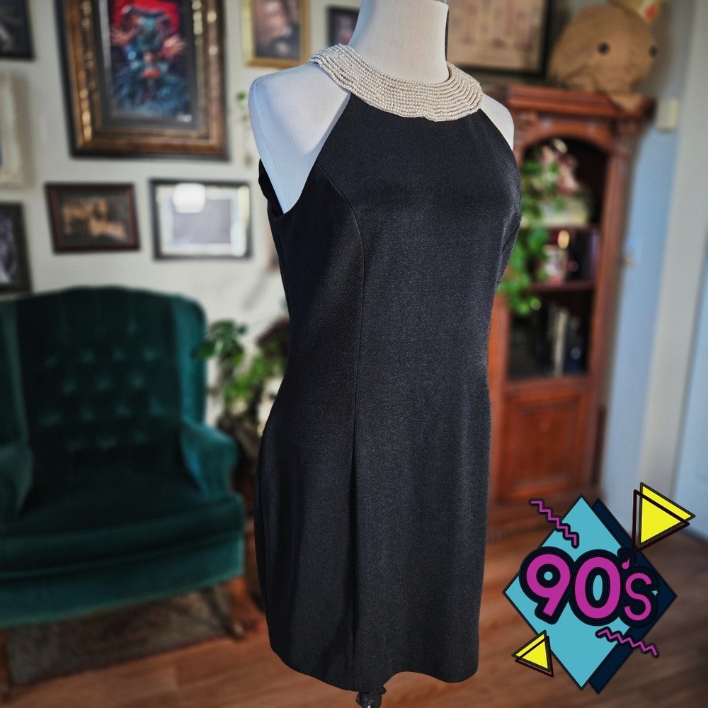 Vintage 90s Alex Evenings Black Cocktail Dress Pearl Beaded Collar Chic Mini